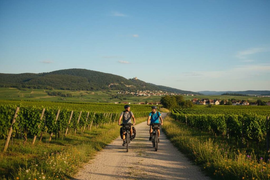 Menschen auf dem Fahrrad, verantwortungsbewusstes Reisen, umweltfreundlicher Tourismus.